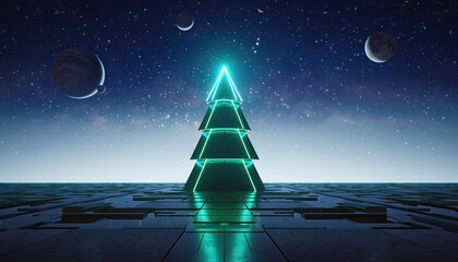 Futuristic Christmas Tree in Space with Planets and Stars.