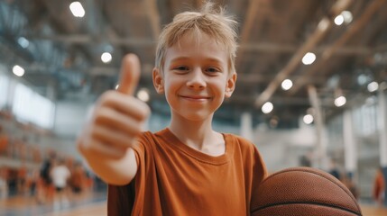 A cheerful boy wears an orange shirt and holds a basketball smiling confidently with a thumbs up gesture. He is inside a spacious gym during a practice session surrounded by other players.