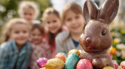 Kids are excitedly participating in an Easter egg hunt in a vibrant garden. A large chocolate bunny stands surrounded by shiny colorful eggs as children smile and celebrate.