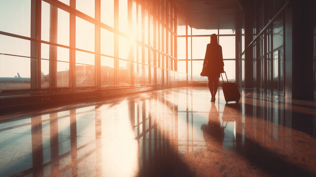 traveler walking through airport terminal, silhouette journey at sunrise
 - Powered by Adobe