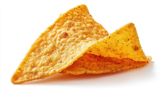 A crispy tortilla chip is positioned on a clean white surface showcasing its golden color and uneven texture. It is ideal for enjoying with salsa or guacamole.
