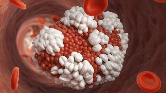 Microscopic visualization of red and white blood cells flowing through a capillary alongside activated platelets representing coagulation and immune response