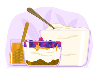 Yogurt in Glass Bowl with Berry, Crumble and Honey for Healthy Meal Eating and Dairy Product Concept Illustration