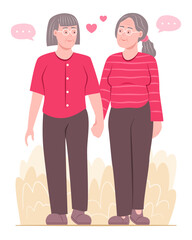 Senior Lesbian Women Couple Falling in Love while Walking Hand in Hand in Garden for LGBT Relationship Concept Illustration
