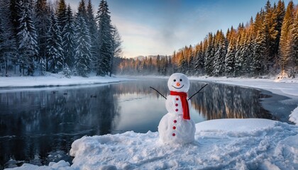 Snowy Winter Scene with a Cheerful Snowman by the River.