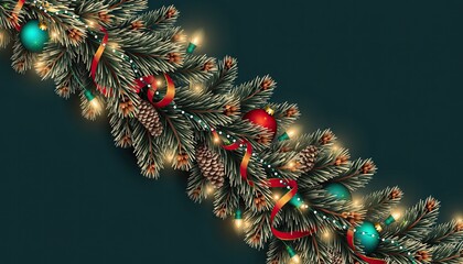Festive Christmas Garland Decoration with Ornaments and Lights.