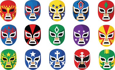 Colorful lucha libre mask collection sixteen vibrant Mexican wrestling faces bold patterns and iconic designs, cad drawing flat vector illustration