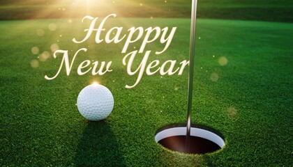 Happy New Year Golf Ball Near the Hole on Green Grass.