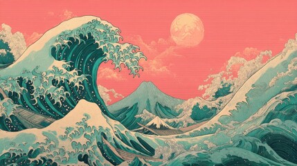 This artwork features large blue waves crashing against distant mountains. A bold sun hangs above a pink sky creating a dramatic yet serene atmosphere reminiscent of traditional Japanese art.