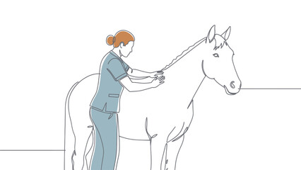 A veterinarian in scrubs examines a horse's head and neck, holding the reins, in a minimalist line art illustration.