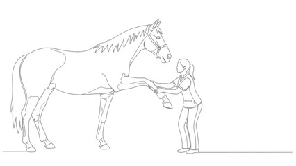 Line art illustration of a veterinarian examining the leg of a horse, showing care and animal health.