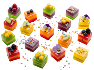 A Colorful Array of Delightful Gelatin Squares Adorned with Fruits and Edible Flowers