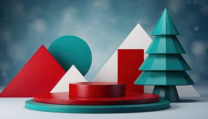 Geometric Christmas Scene with Abstract Shapes and Festive Colors.