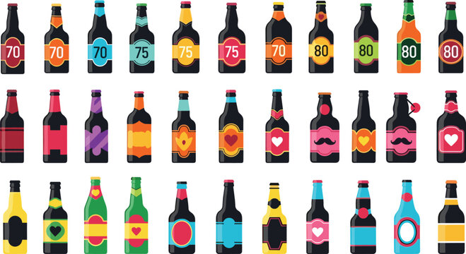 Craft beer bottle collection thirty unique label designs, colorful shapes, vintage modern branding, packaging variety, cad drawing flat vector illustration - Powered by Adobe