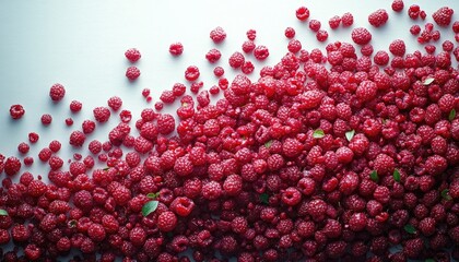 Fresh raspberries are scattered on a white surface, some with small leaves. Perfect background for summer themes, or healthy eating concepts.