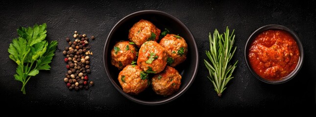 Meatballs, sauce, herbs, and spices arranged on a dark culinary background