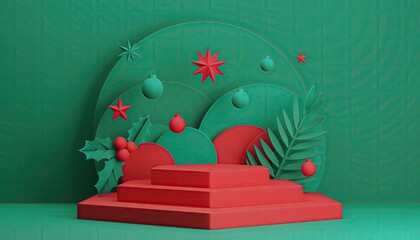 Festive Christmas Podium Display with Decorations and Holiday Elements.