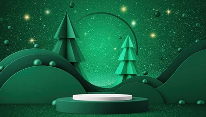 Festive Christmas Scene with Green Trees and Glittering Background.