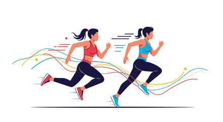 Two dynamic athletic women sprinting with determination, perfect for fitness campaigns, health promotions, and vibrant lifestyle content