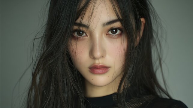 Young woman with long dark hair poses confidently. Her intense gaze and soft makeup create a striking look against a plain background highlighting her features and style.