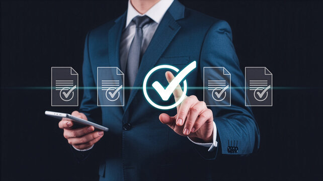 Professional businessman confirms digital documents on mobile device with confidence, ensuring compliance and approval in modern business environment