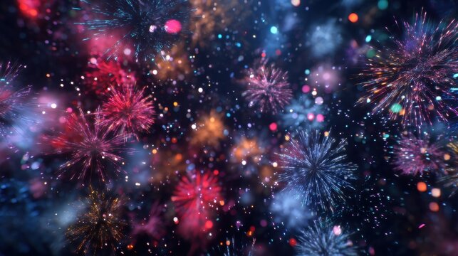 Bright bursts of colorful fireworks light up the dark night sky creating an exciting atmosphere during a festive event. Spectators enjoy the vibrant show as colors shimmer and pop.