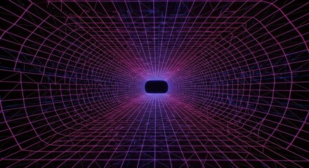 Glowing neon grid tunnel recedes toward a dark void in a futuristic abstract background