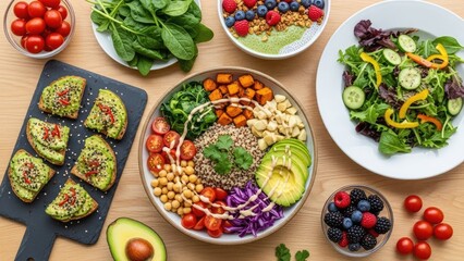 Vibrant and nutrient-rich plant-based meal spread featuring a colorful Buddha bowl, fresh salads, avocado toast, and an array of healthy ingredients for a balanced diet and well-being