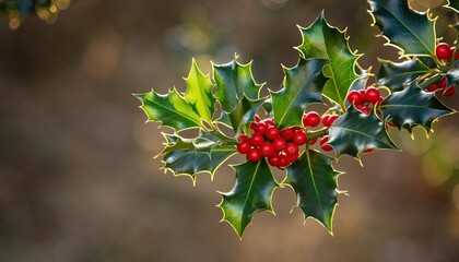 Close-up of Holly Branch with Red Berries and Green Leaves.
