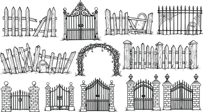 Vintage Cemetery Gates and Fences Line Art Collection, Spooky Graveyard Entrance Drawing, Old Wrought Iron and Broken Wooden Picket Fence Vector Illustration Set, Halloween Cad Drawing.