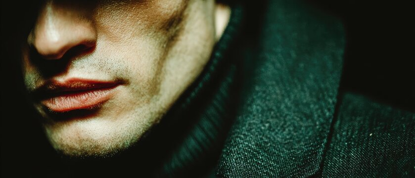 Mysterious Portrait of Man in Dark Coat: Close-Up on Face with Shadowed Features