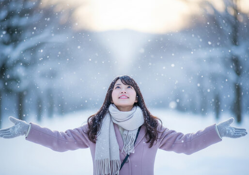 空を見上げ、両手を広げて雪を受け止める女性