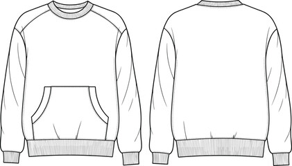 Sweatshirt fashion illustration, technical sketch, crew neckline design, raglan sleeve style, kangaroo pocket detail, ribbed cuff hem finish, sewing pattern, garment template, apparel mockup