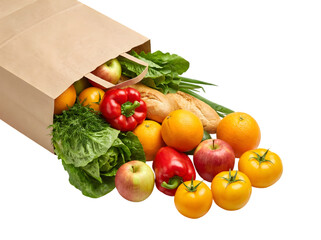A Bountiful Assortment of Fresh Fruits and Vegetables in a Paper Bag on a White Background