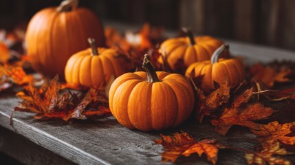 Bright orange pumpkins sit atop a rustic wooden table surrounded by vibrant autumn leaves. This fall harvest scene captures the essence of the season with warm colors and natural elements.