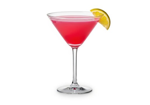 Pink cosmopolitan cocktail with lime slice in martini glass