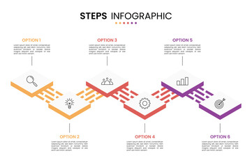 6 step, option, stage or process timeline diagram isometric infographic design with icons. Infographic concept for business step presentation template  