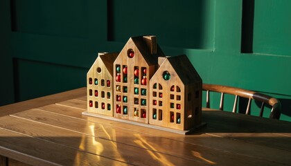 Decorative wooden houses on a table with colorful windows.