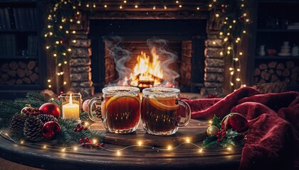 Cozy fireplace scene with warm drinks and festive decorations.