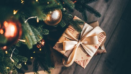 Christmas Tree with Ornaments and Wrapped Gift Box.
