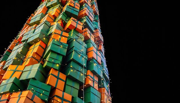 Christmas Tree Made of Gift Boxes with String Lights.