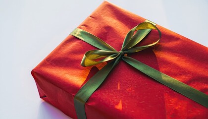 Festive Red Gift Box with Green Ribbon and Bow on White Surface.