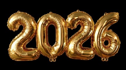 Bright gold balloons shaped like the numbers 2026 stand out against a black background symbolizing celebration and joy for the upcoming New Year. The shiny balloons create an exciting party vibe.