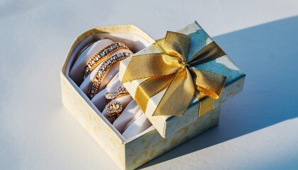 Elegant Jewelry Box with Golden Bow and Bracelets Inside.