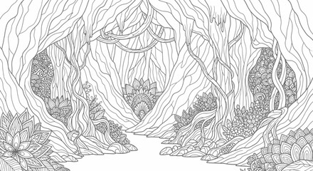 Intricate line art depicting a serene forest pathway surrounded by lush foliage and trees