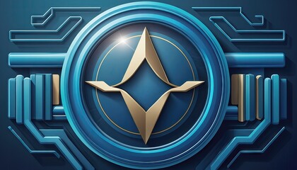 Intricate Geometric Design with Golden Emblem and Blue Accents.