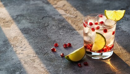 Refreshing cocktail with lime and pomegranate on a textured surface.