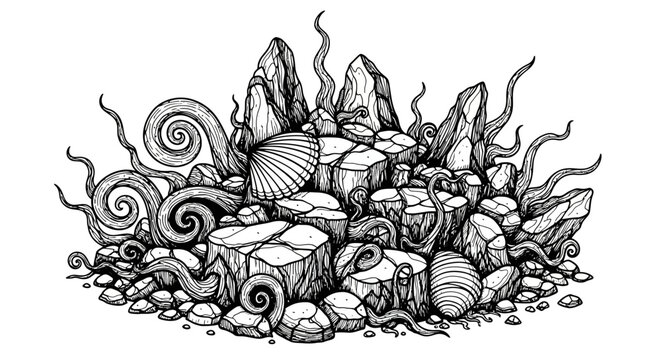 Detailed illustration of a rocky marine environment with shells and swirling patterns