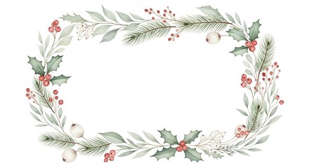 A festive winter holiday frame concept with watercolor illustrations of pine branches, holly leaves, and red berries for seasonal greetings