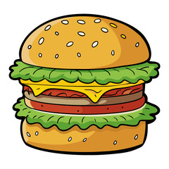 Delicious cartoon hamburger with layers of fresh ingredients and melted cheese